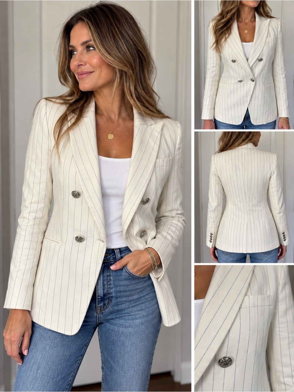 Veronica Beard Double-Breasted Ivory Pinstripe Blazer